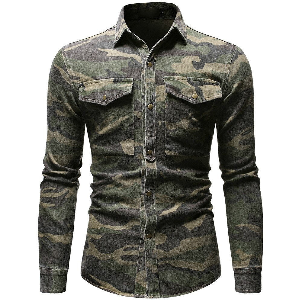 Camisa vaquera de camuflaje para hombre, de primavera y otoño, color verde militar, de manga larga, holgada, para hombre 