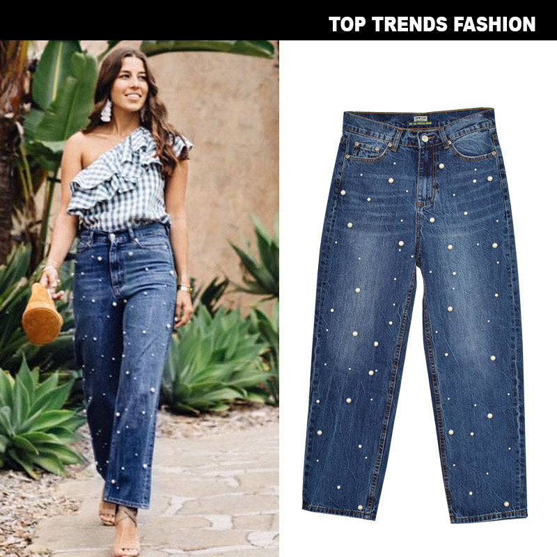 Women's High Waist Straight Loose Wide Leg Denim Flared Trousers Pearl Studded Pull Up Jeans