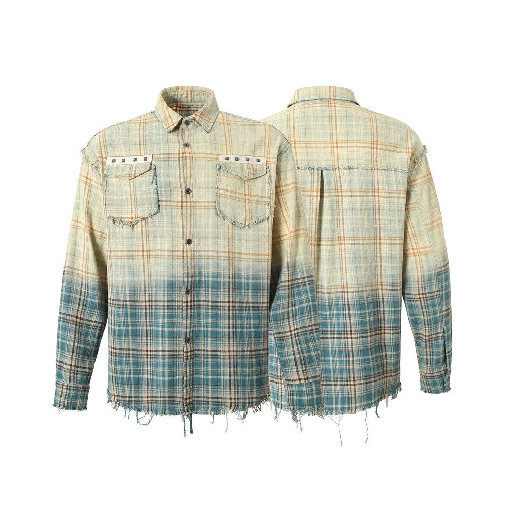 Gradient Tie-dye Plaid Long-sleeved Shirt Men