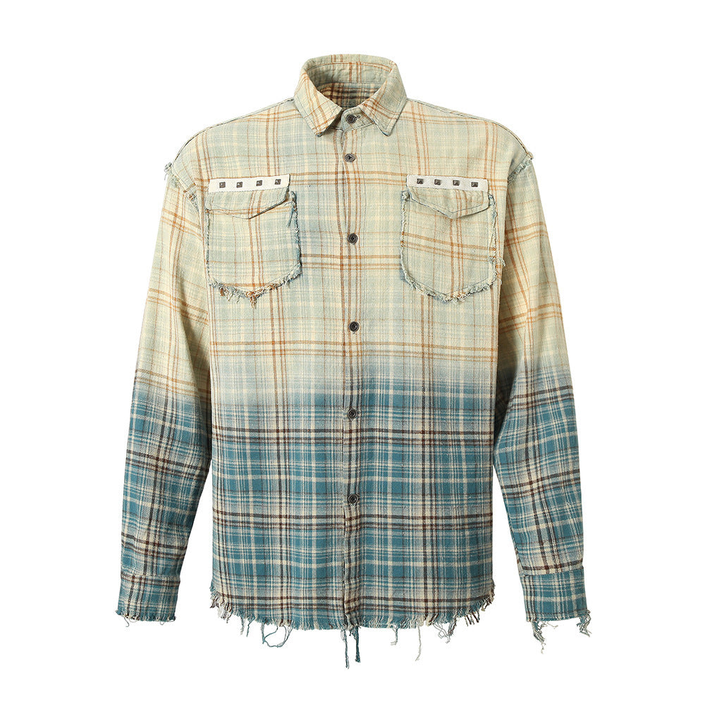 Gradient Tie-dye Plaid Long-sleeved Shirt Men