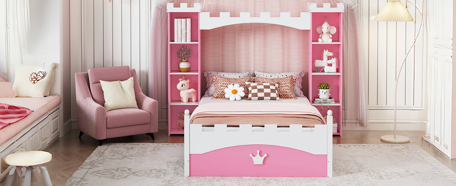 Cama de madera en forma de castillo con estante de almacenamiento, cama de plataforma de tamaño doble de ensueño para dormitorio infantil, rosa y blanco