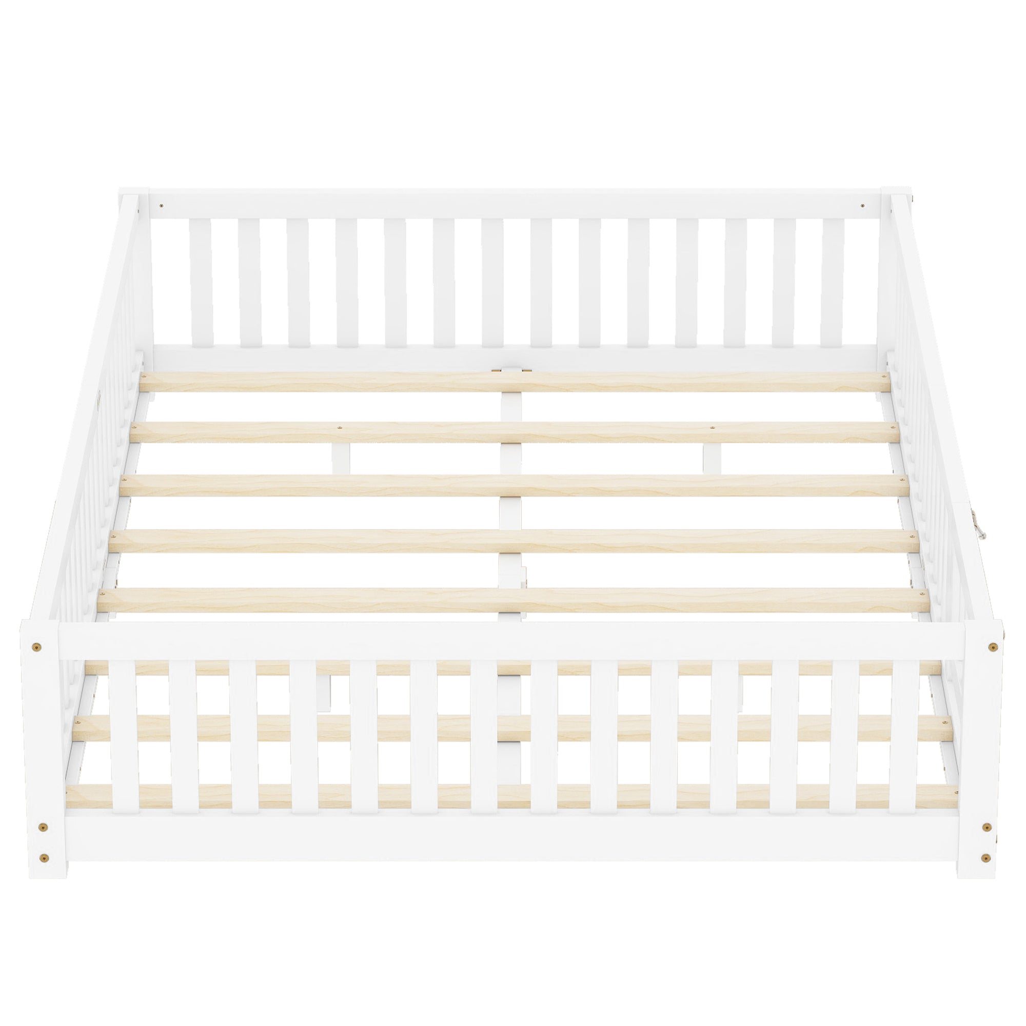 Queen Size Bed Floor Bed with Safety Guardrails and Door for Kids, White