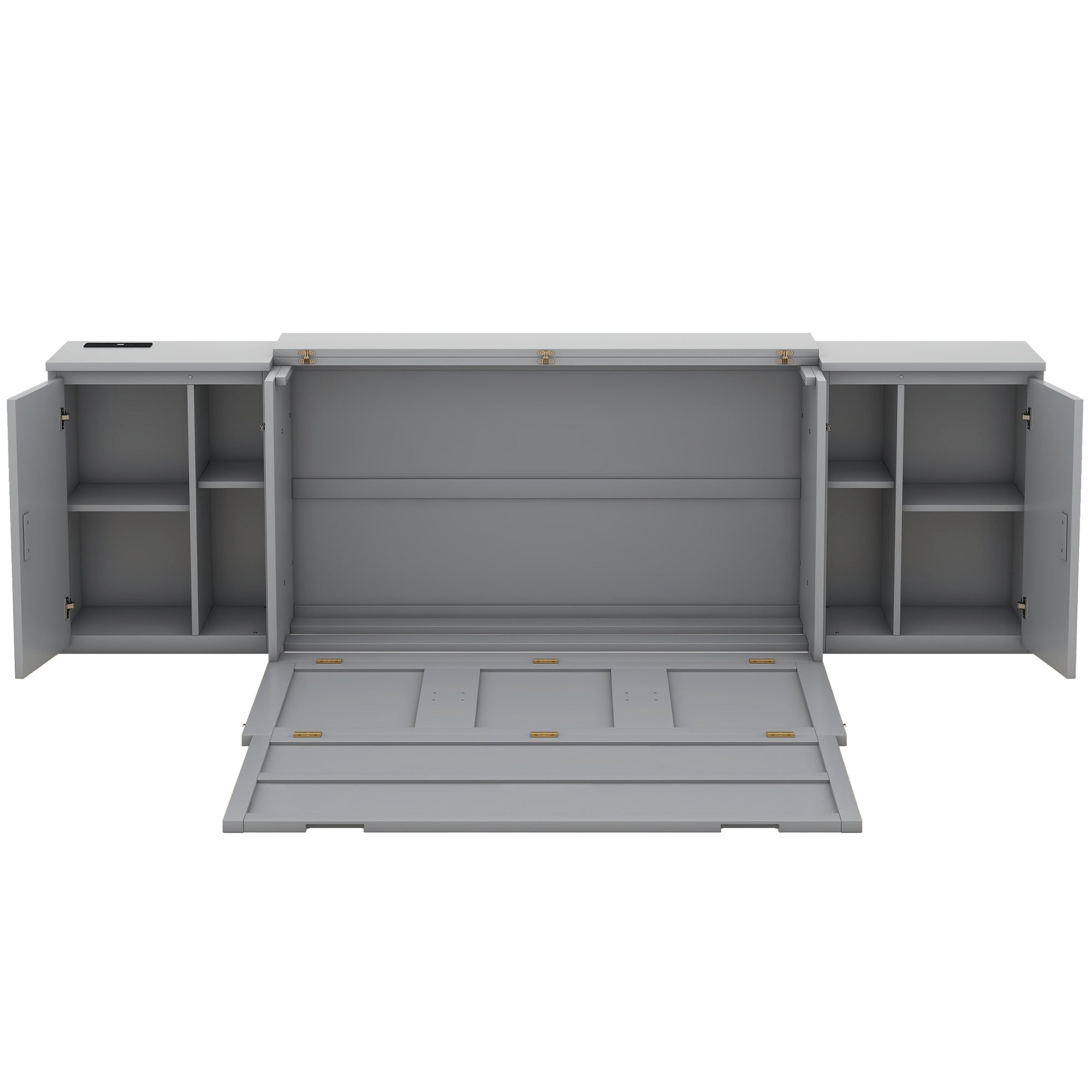 Queen Size Murphy Bed with Shelves, Cabinets and USB Ports,Gray