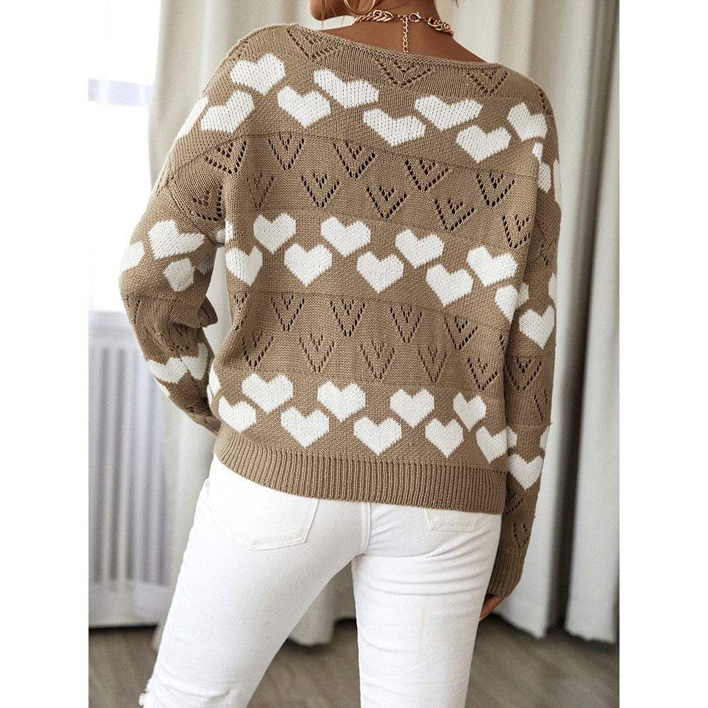 Autumn And Winter New Sweater V-Neck Love Pattern Sweater Loose Fashion Women's Wear