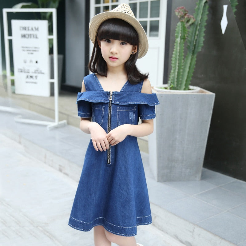 Girls Denim Dresses for Children Jean Clothes Casual Dress Blue Short Sleeve Jeans