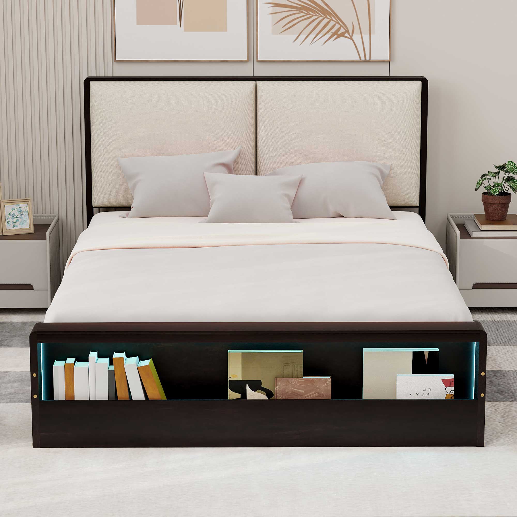 Queen Size Platform Bed Frame with Upholstery Headboard and Bookshelf in Footboard and LED Light Strips, Espresso