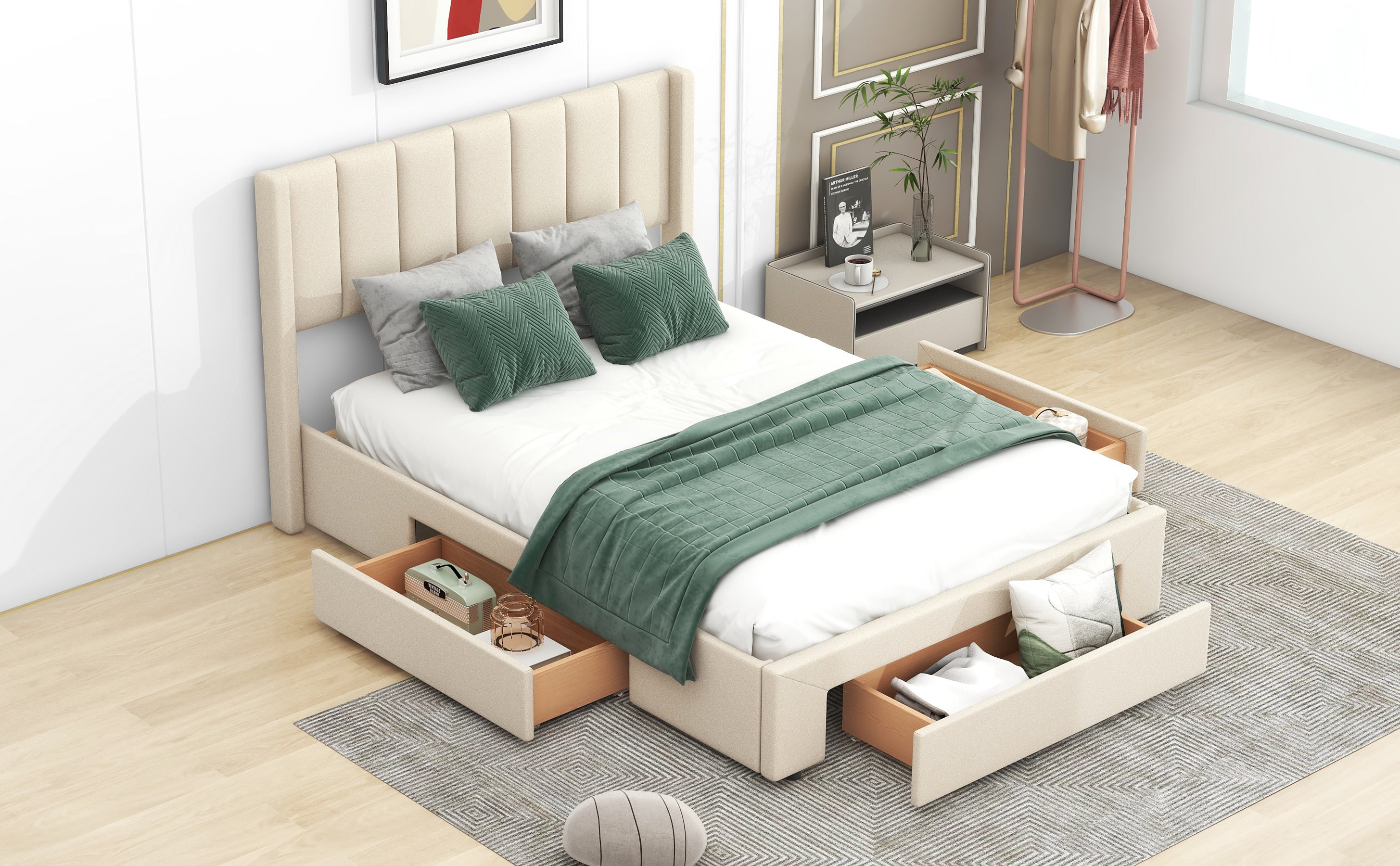 Full Size Upholstered Platform Bed with One Large Drawer in the Footboard and Drawer on Each Side Beige