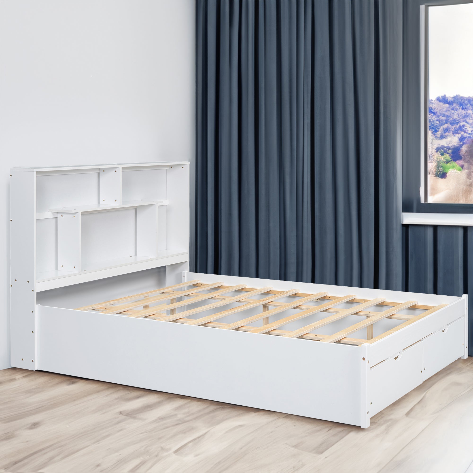 Cama Queen Size con plataforma, cabecero con espacio de almacenaje y 2 cajones, color blanco