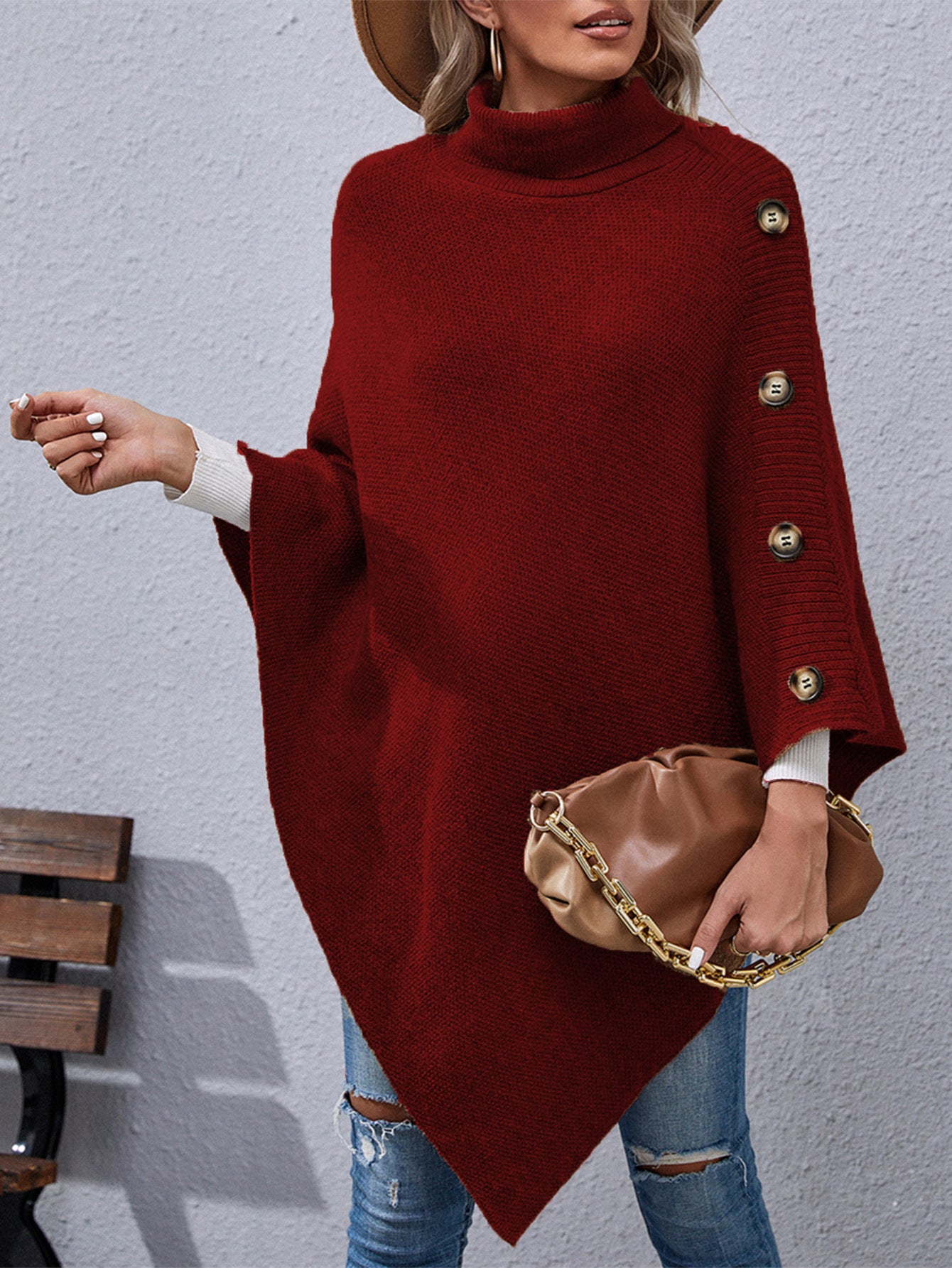 Autumn And Winter New Button High Collar Irregular Sweater Cape Women