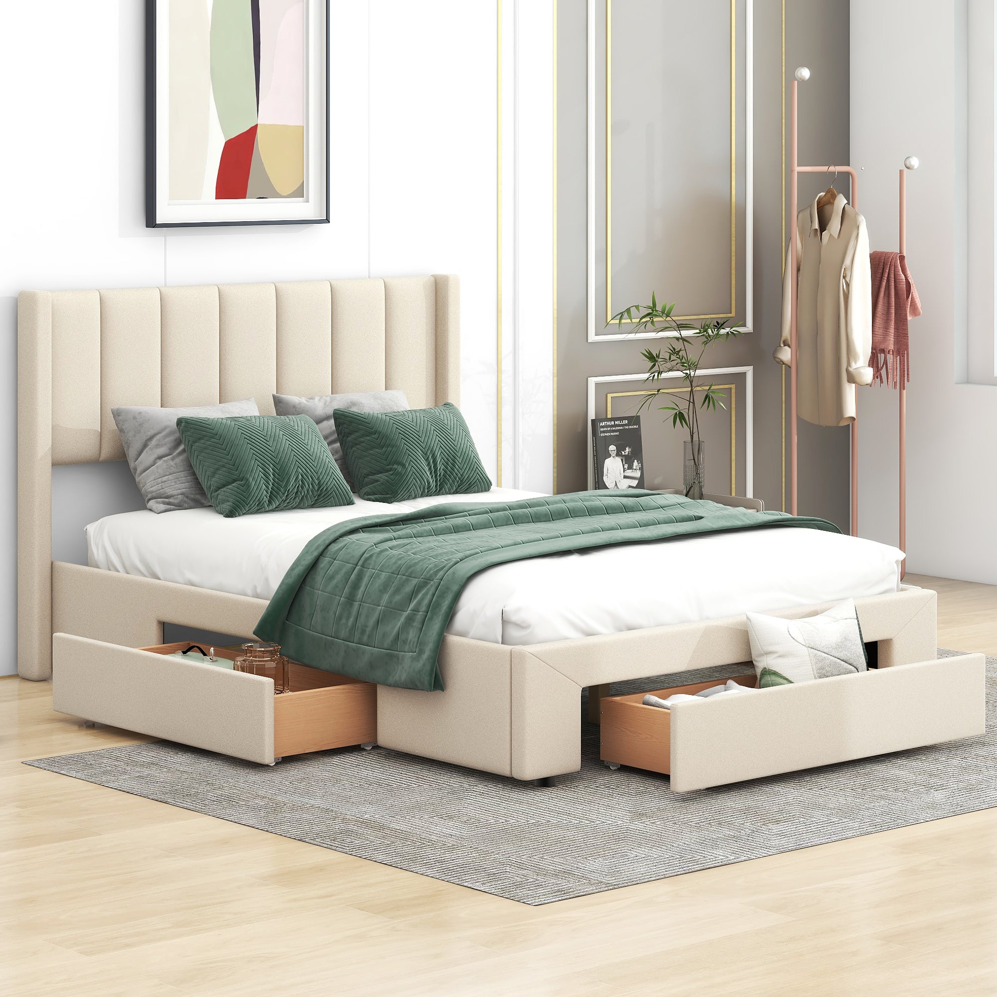 Full Size Upholstered Platform Bed with One Large Drawer in the Footboard and Drawer on Each Side Beige