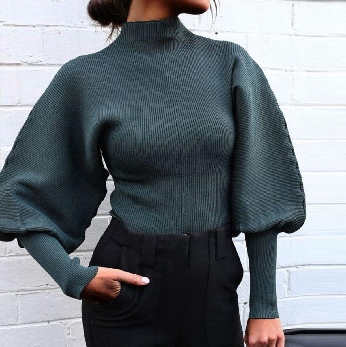 Autumn and winter new sweater women pure color knitted lantern sleeve long sleeve pullover turtleneck sweater