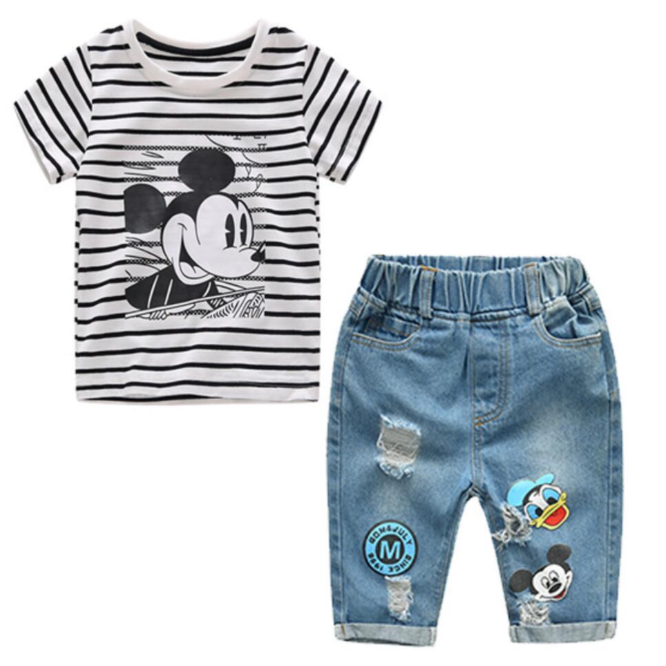 Ensemble de 2 pièces pour bébé garçon et fille, t-shirt rayé + short en jean, vêtements d'été pour enfants