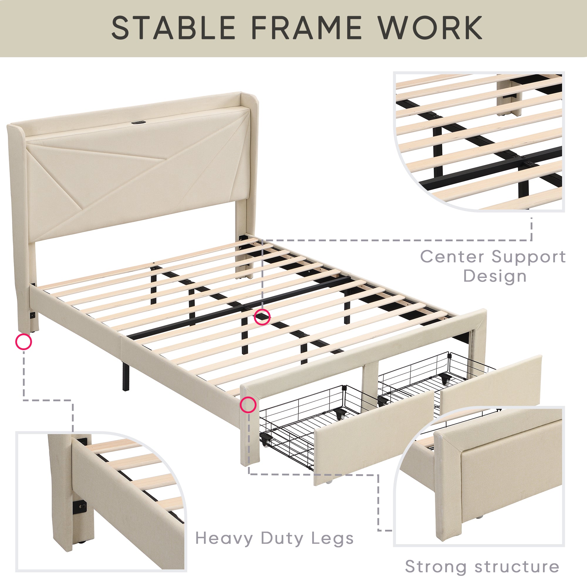 Full Size Bed Frame with 2 Storage Drawers Upholstered Bed Frame Beige