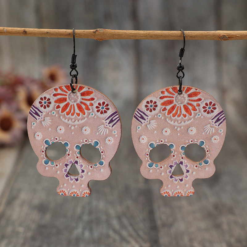 Boucles d'oreilles squelette en bois avec crochet en alliage