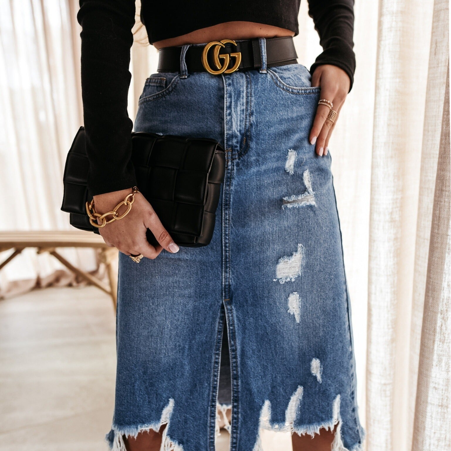 New Women's Ripped Irregular Denim Skirt Fashion Mid Length Tassel Jeans Skirt Casual Female Clothing