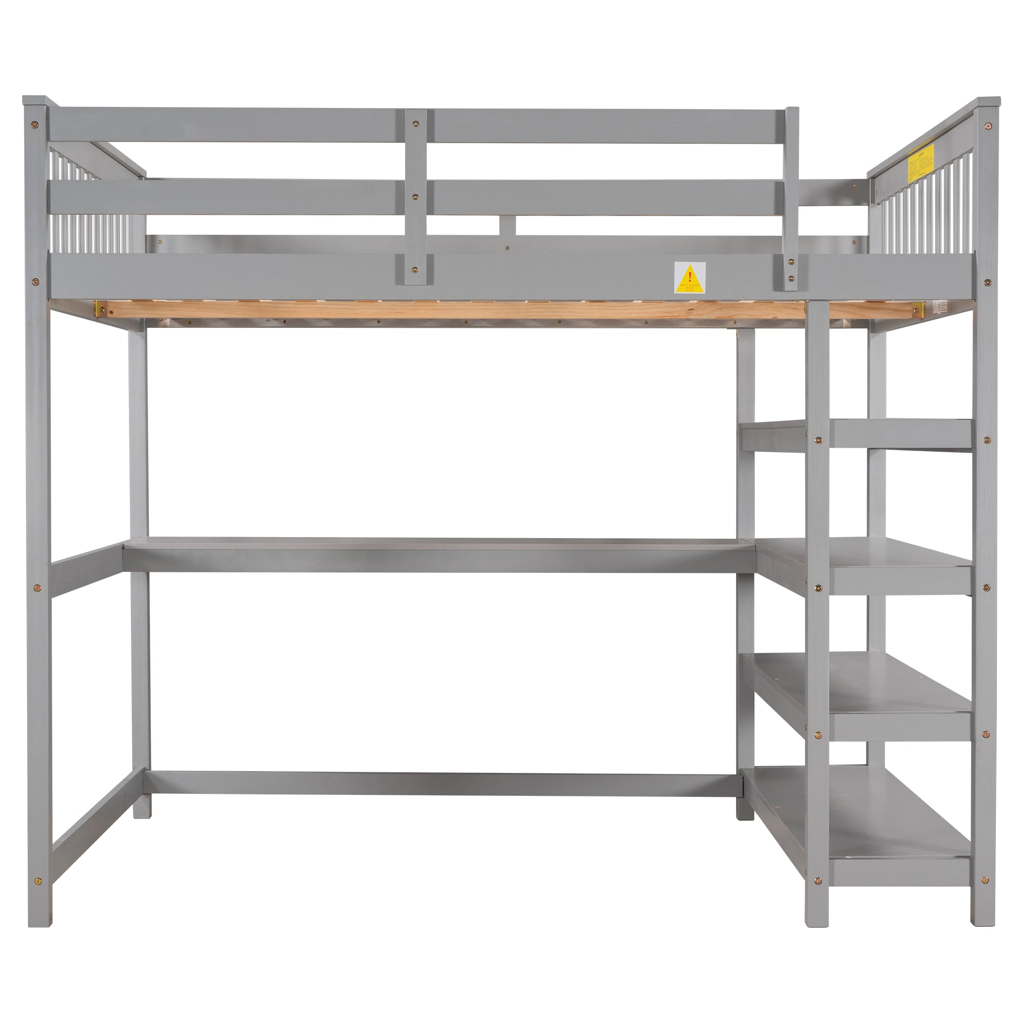 Full Size Loft Bed with Storage Shelves and Under-bed Desk, Gray