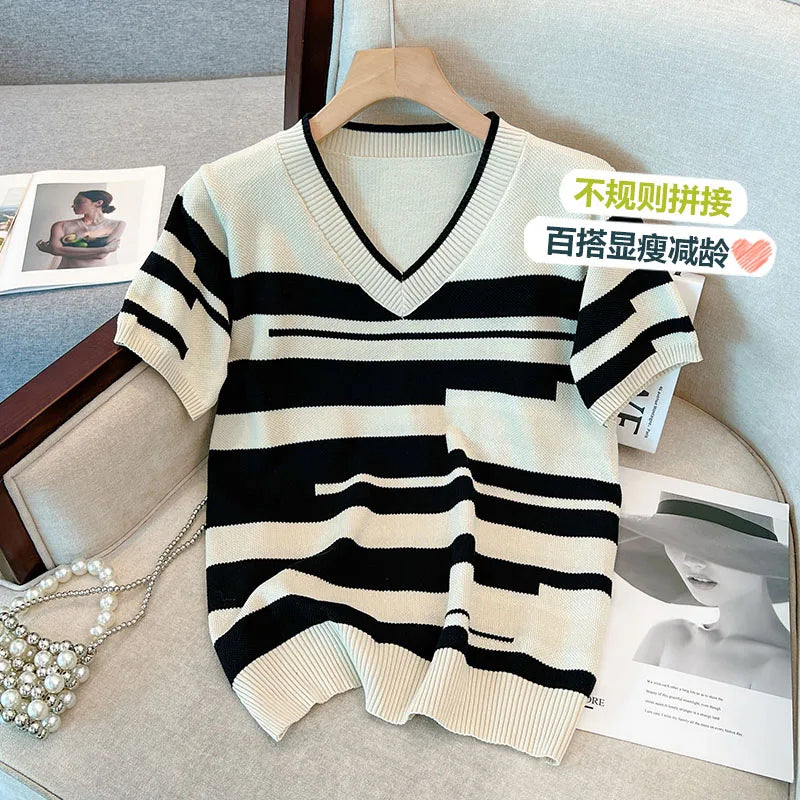 Short Sleeve Splicing stripe Oversized Women Sweater