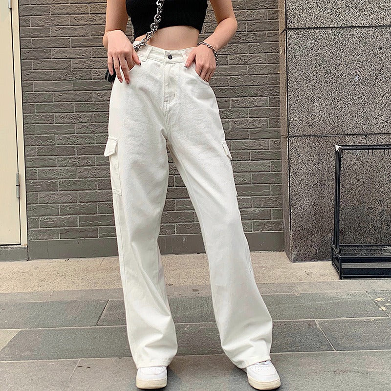 Casual Loose Wide Leg Jeans Women's Summer New Korean Pants Pocket High Waist Slim Straight Pants