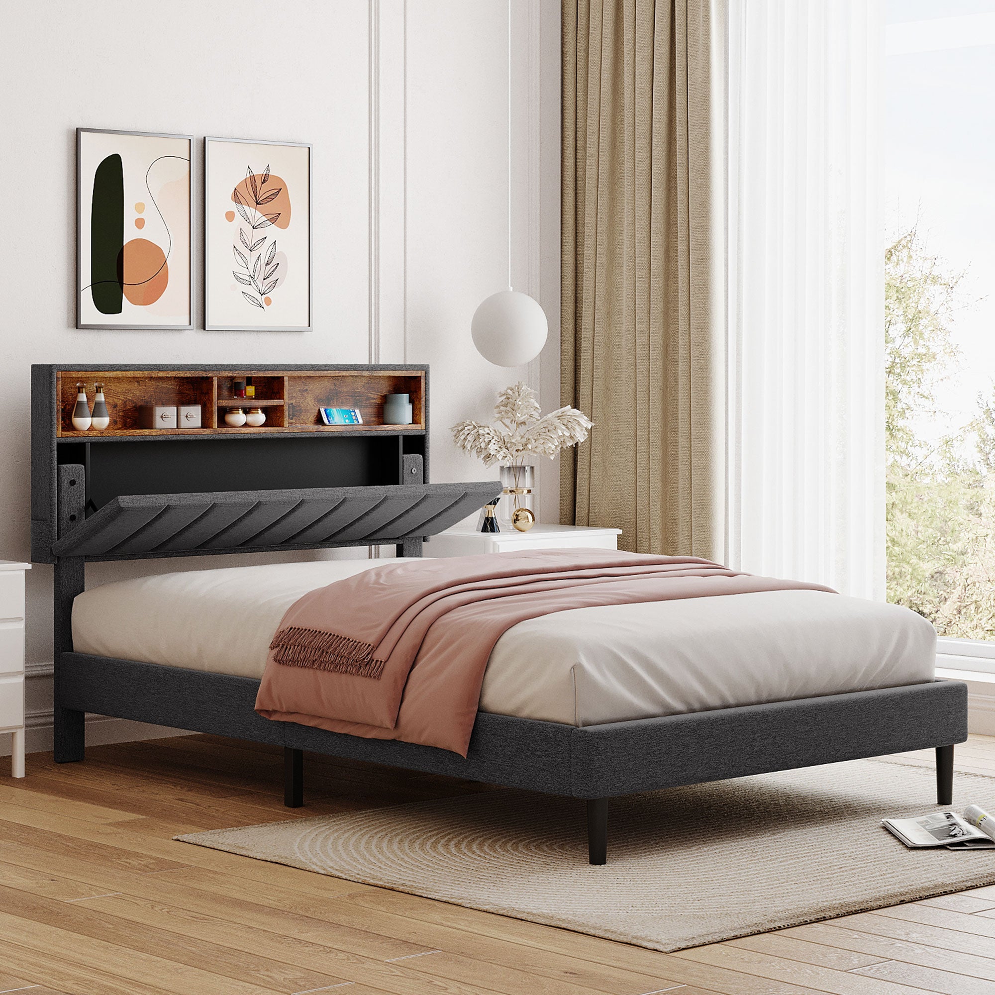 Full size Upholstered Platform Bed with Storage Headboard and USB Port Linen Fabric Upholstered Bed (Gray)