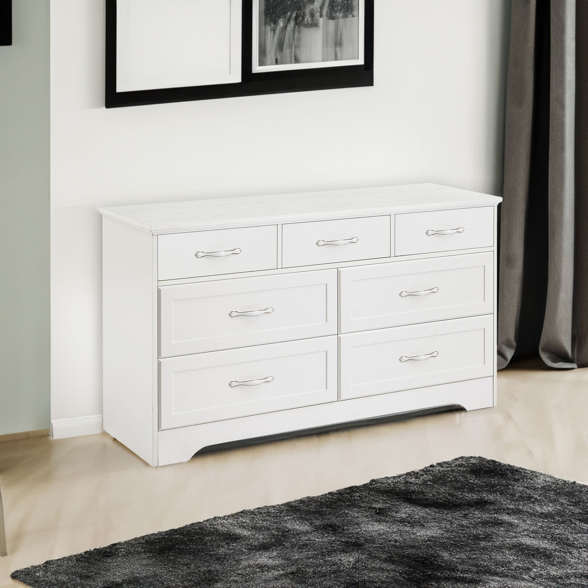 Commode de chambre moderne à 3 tiroirs avec 7 tiroirs et organiseur de vêtements - Poignées en métal blanc, 47,6 po L x 15,7 po l x 26,6 po H