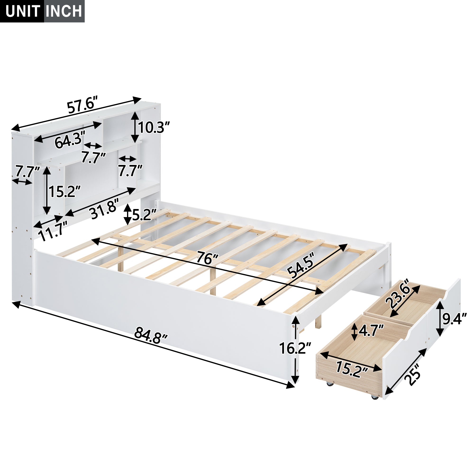 Cama de plataforma de tamaño completo con cabecera con espacio de almacenamiento y 2 cajones, color blanco