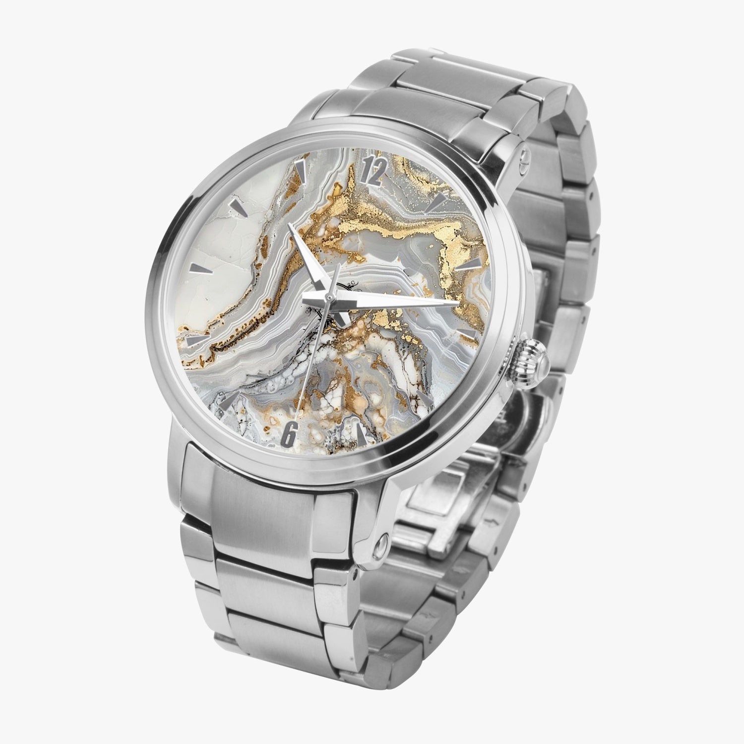 White Silver and Gold Marble New Steel Strap Automatic Watch (With Indicators)