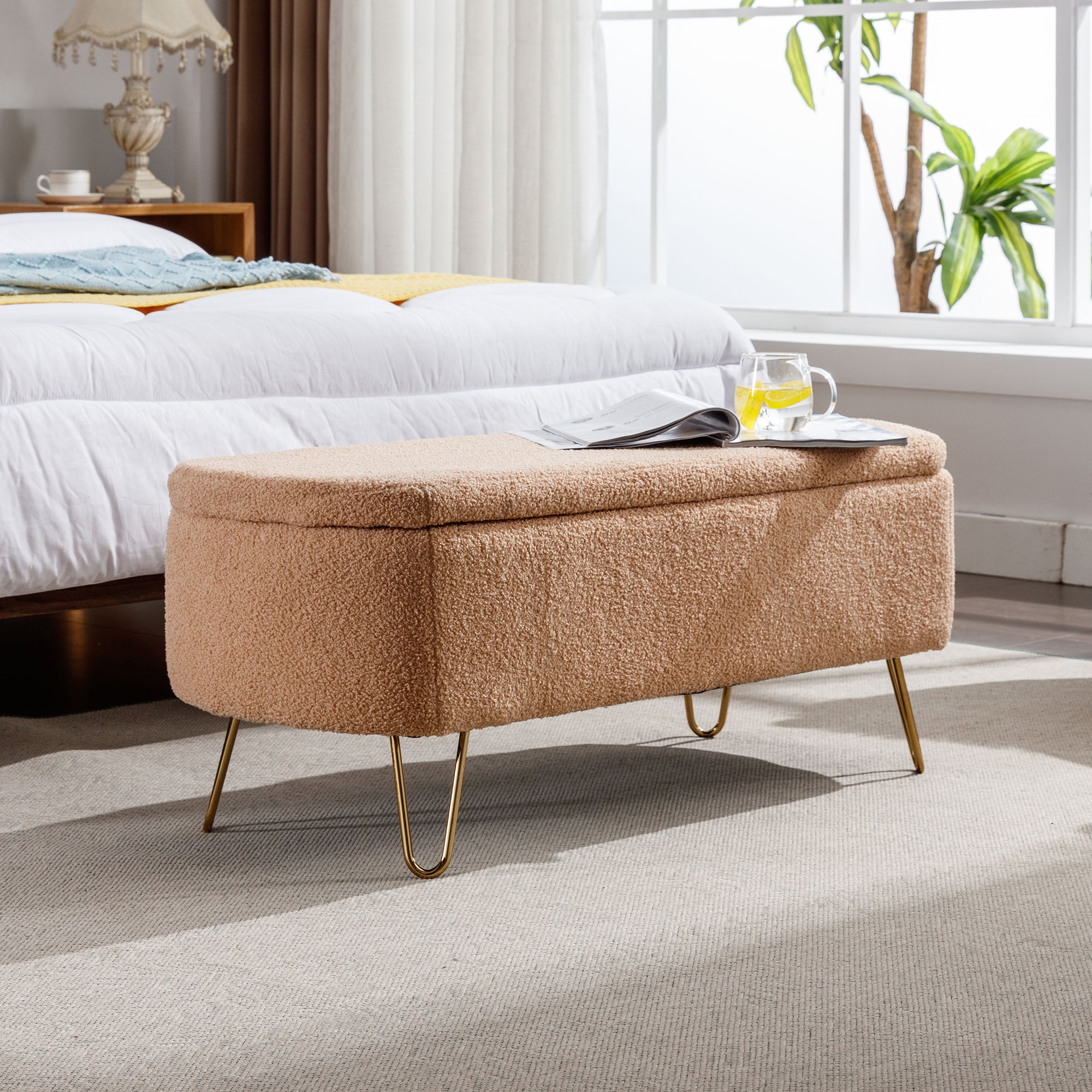 Camel Storage Ottoman Bench for End of Bed Gold Legs