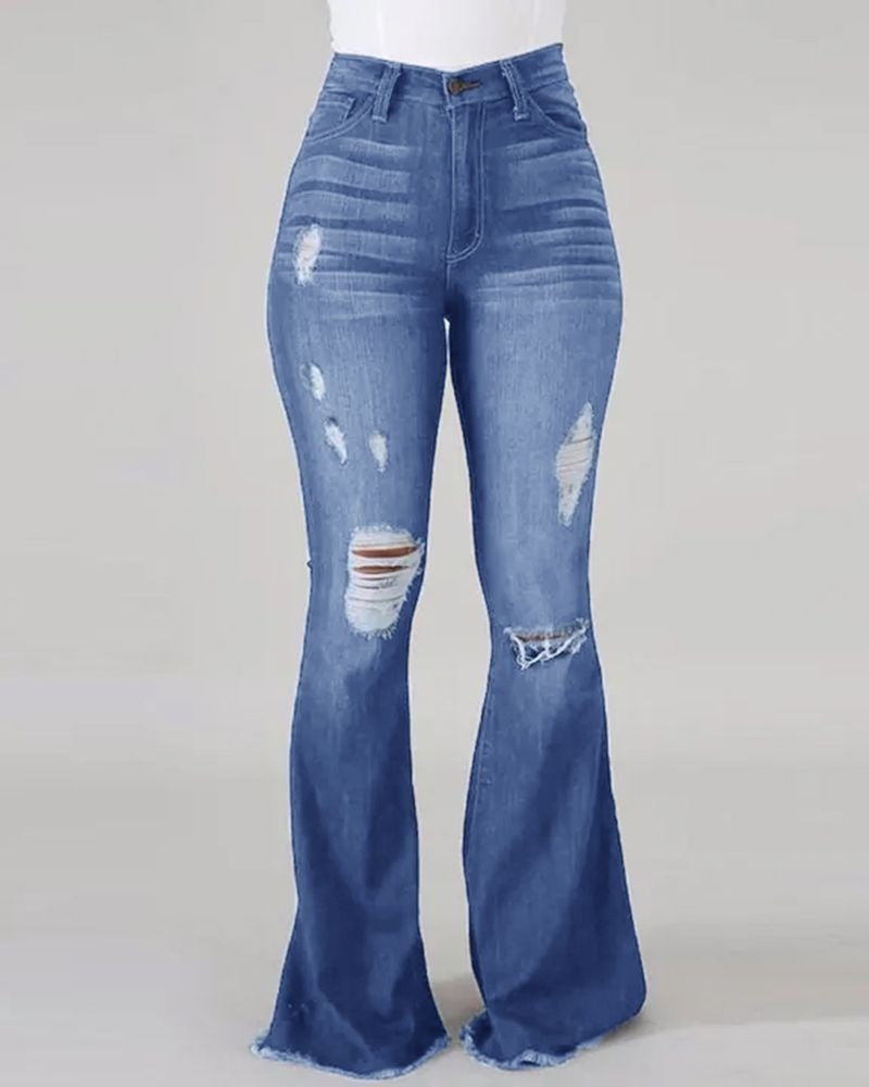 New High Waist Ripped Flared Jeans For Women Fashion Slim Hip Lift Stretch Denim Pants