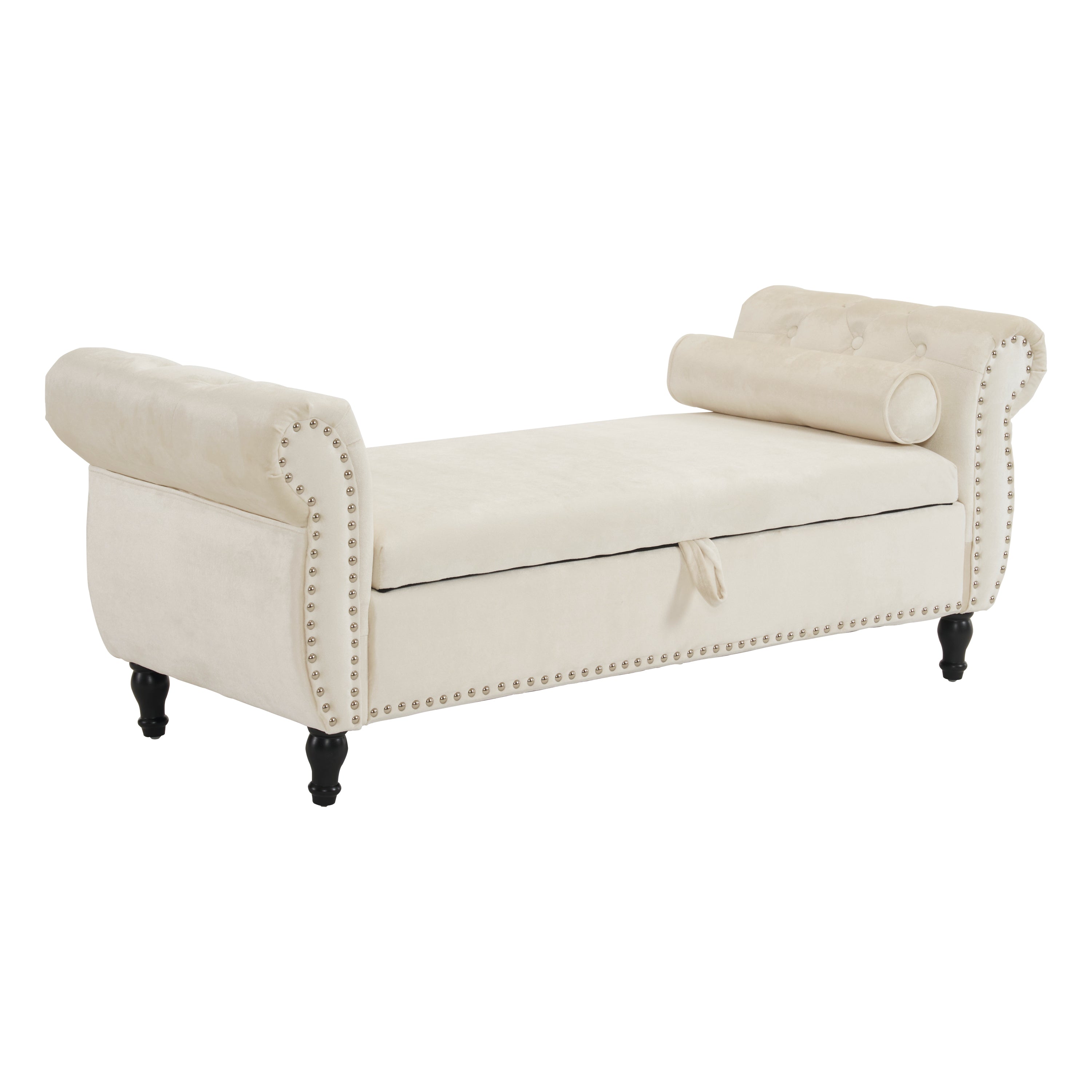 Beige Velvet Multifunctional Storage Rectangular Ottoman Bench with Pillow