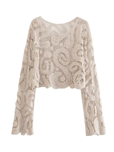 Crochet Knitted Hollow Out Blouses Long Sleeve Crop Tops