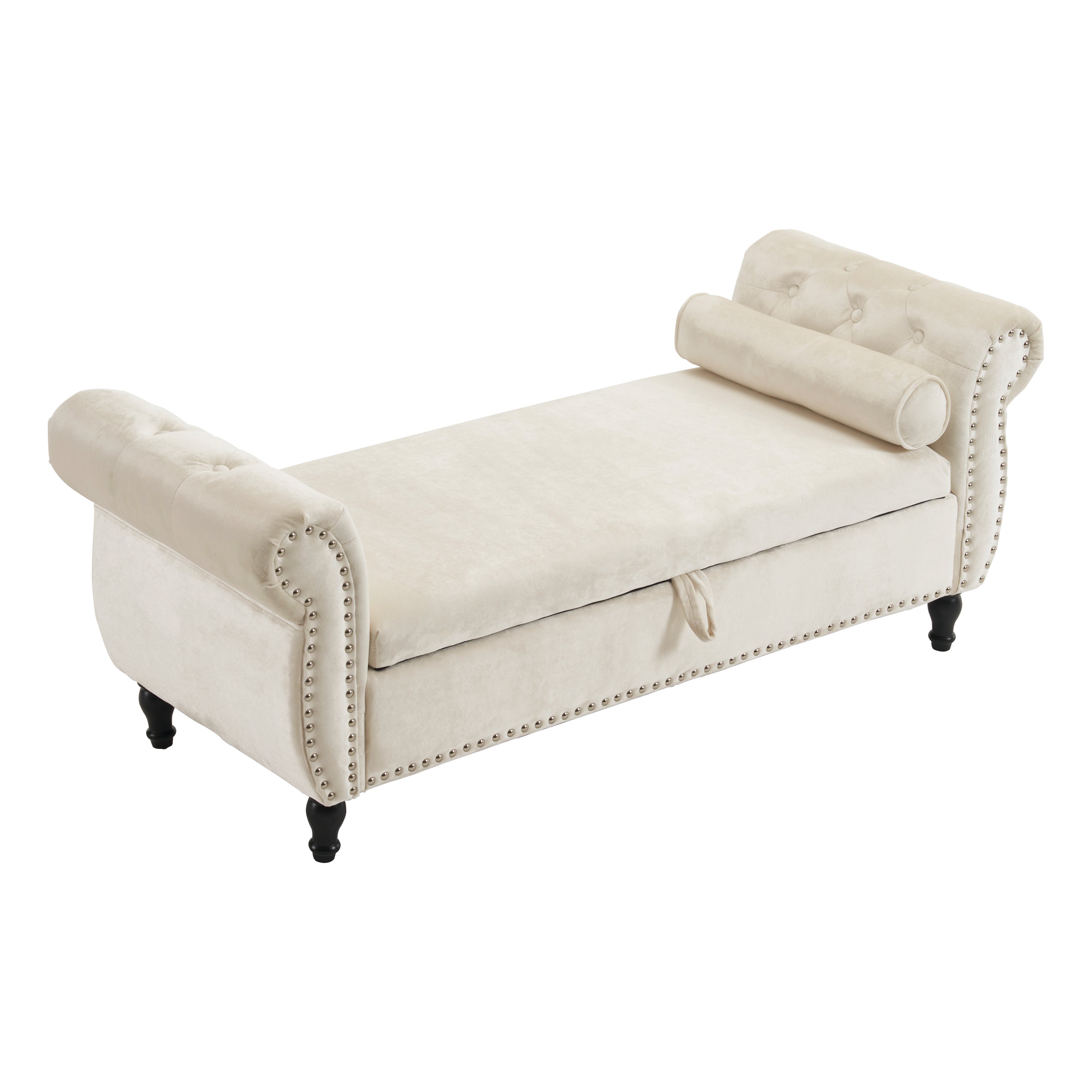 Beige Velvet Multifunctional Storage Rectangular Ottoman Bench with Pillow