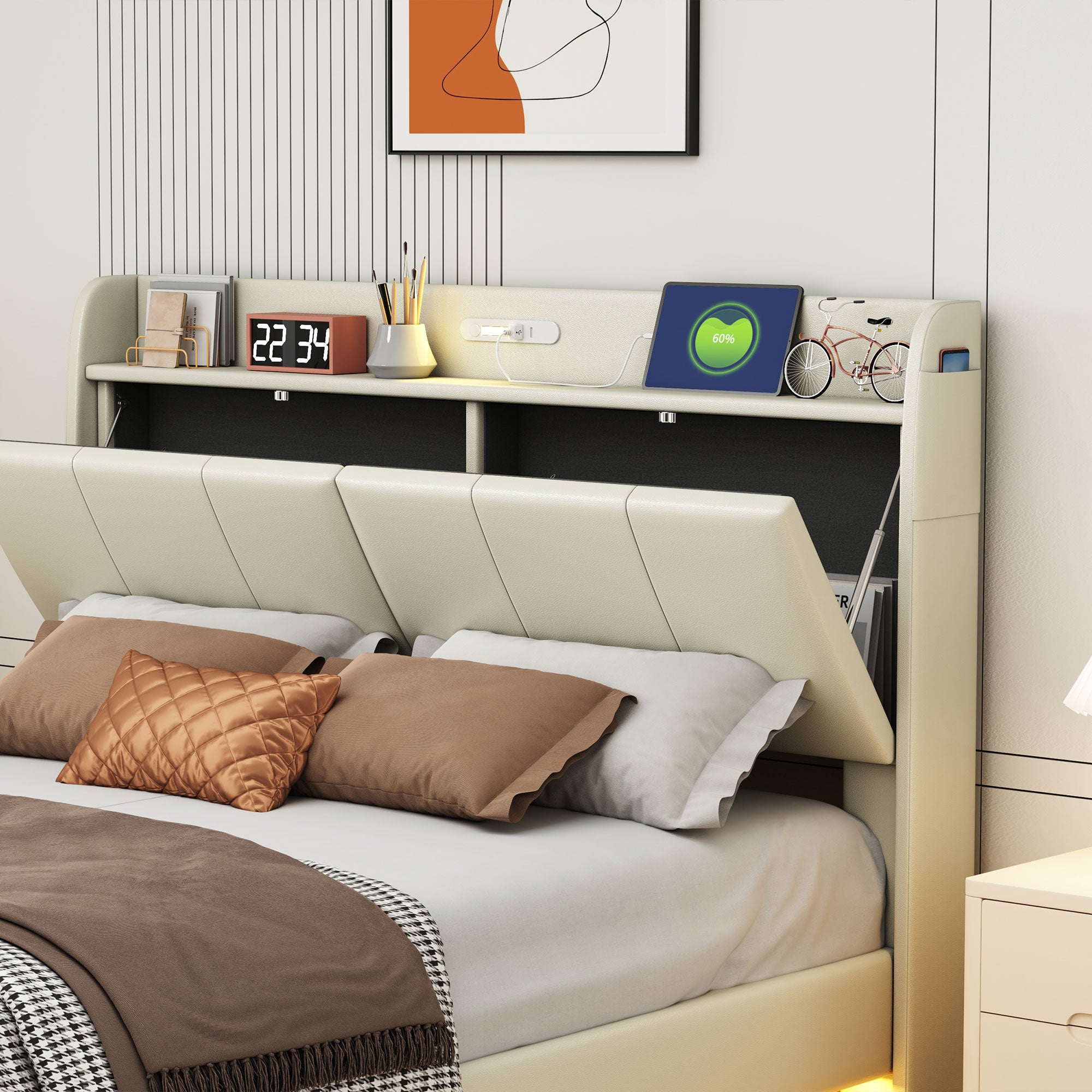 Grand cadre de lit flottant avec tête de lit de rangement, capteur tactile, veilleuse et chargeur USB, lit plateforme rembourré, couleur beige