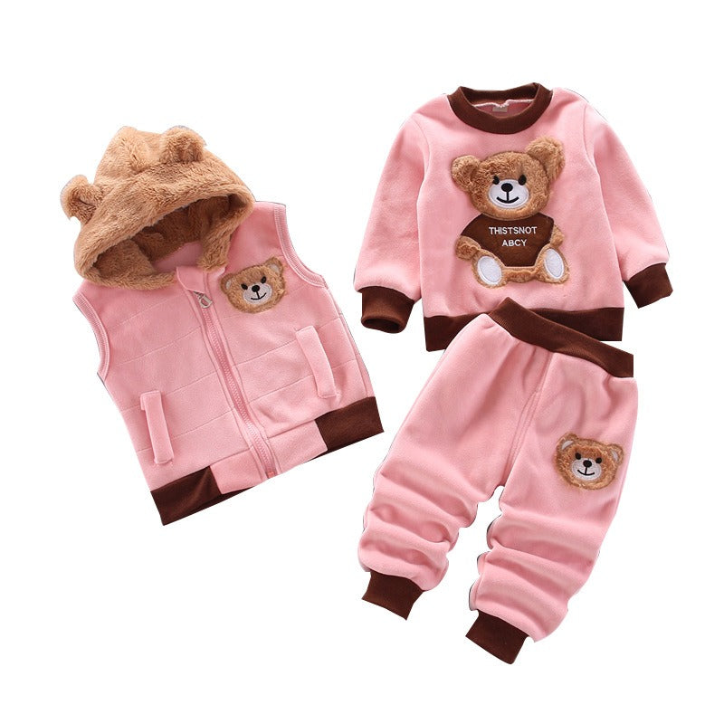 Autumn New Children's Clothing Autumn Clothing Plush Bear Three Piece Set Korean Children's Suit Trend