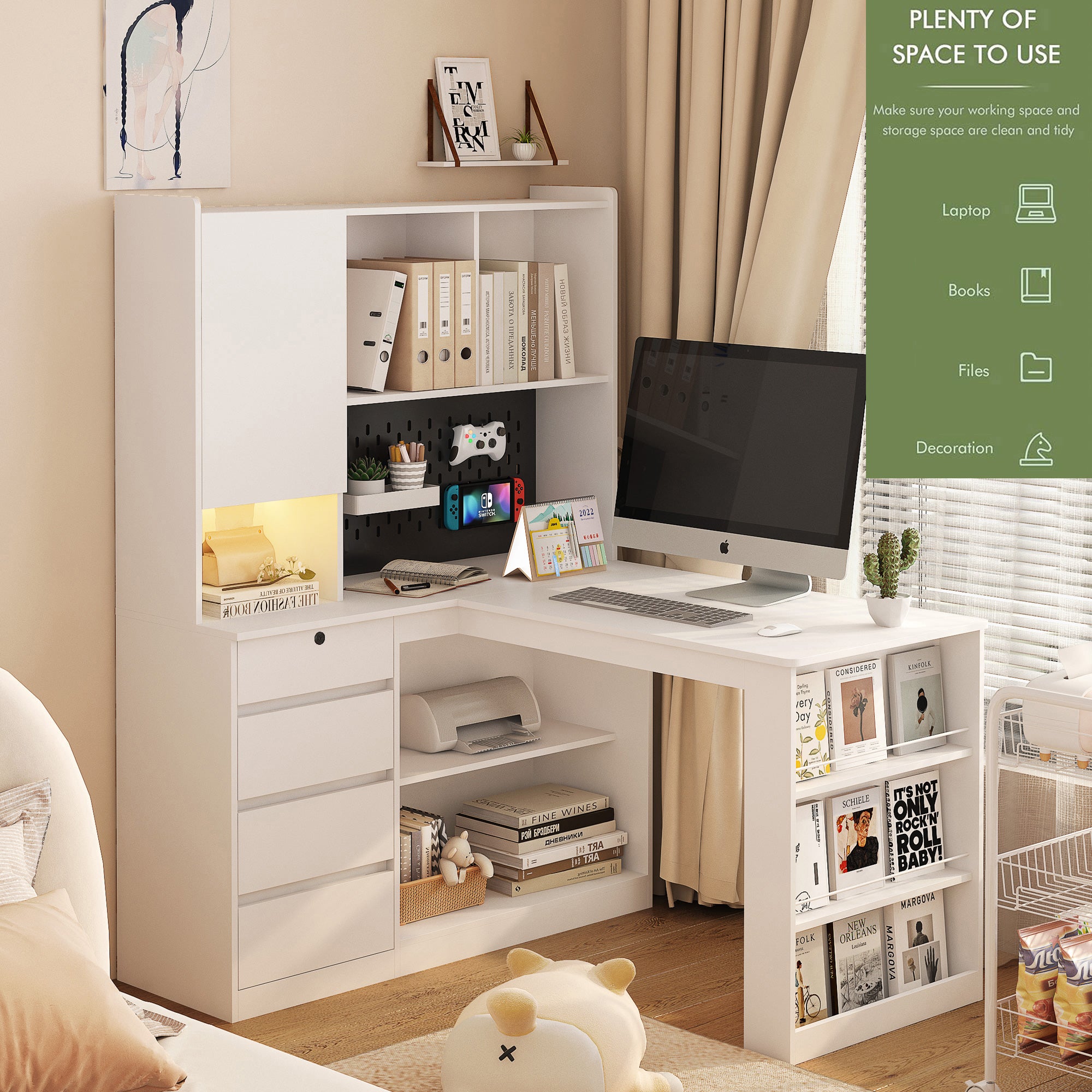 L-shaped office desk with charger, bookshelf with drawers and LED lights, and corner gaming computer desk with storage space