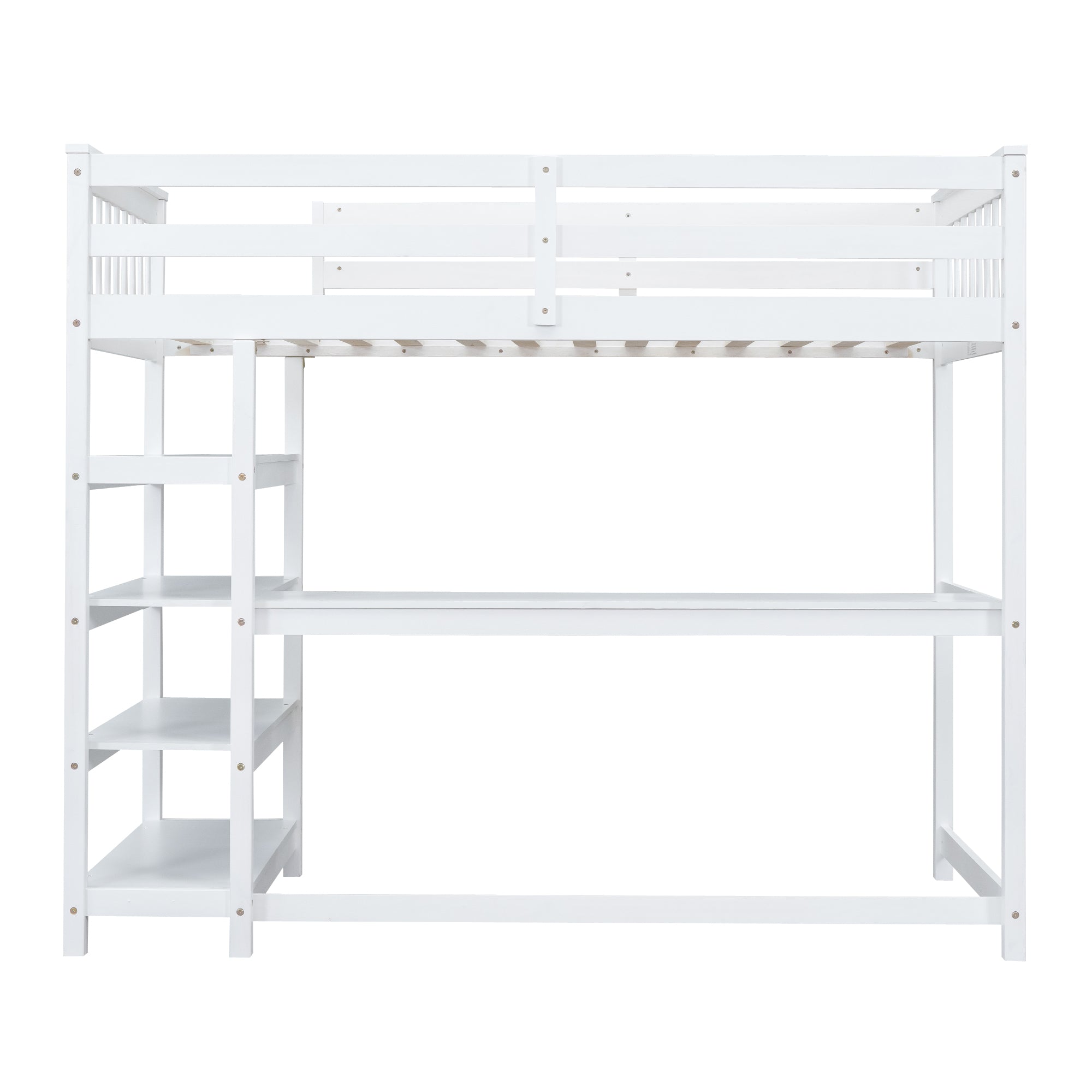 Twin Size Loft Bed with Storage Shelves and Under-bed Desk  White