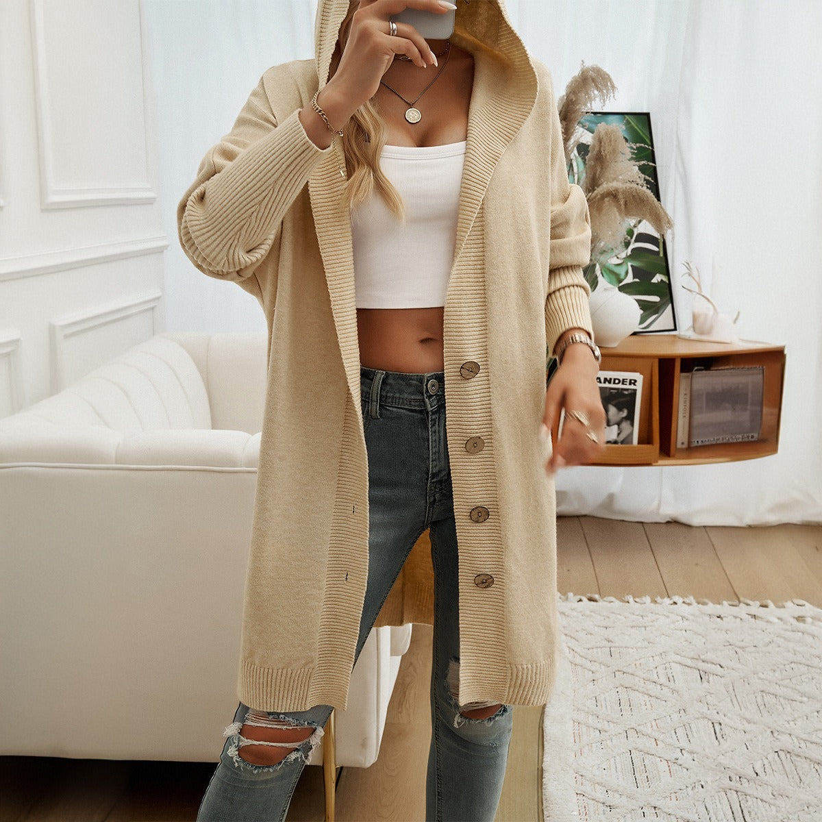 Autumn and winter new casual loose cardigan breasted hooded sweater jacket women's clothing