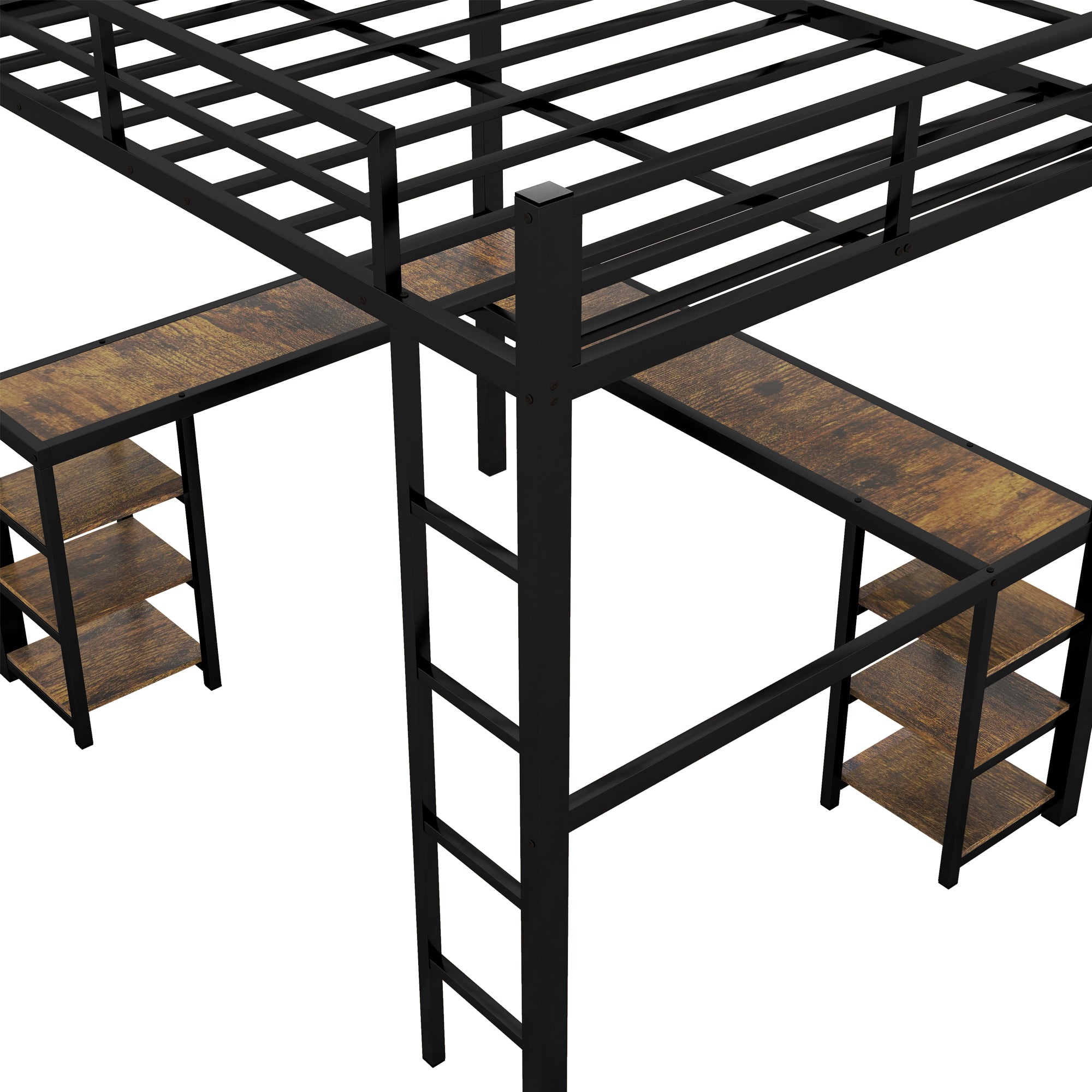 Full metal loft bed with desk and shelf, loft bed with ladder and guardrail, black with retro wood desk