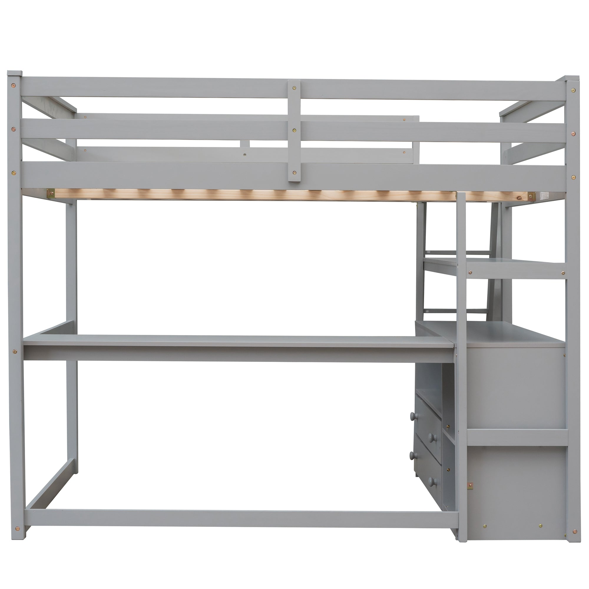 Full Size Loft Bed with Desk and Shelves,Two Built-in Drawers Gray