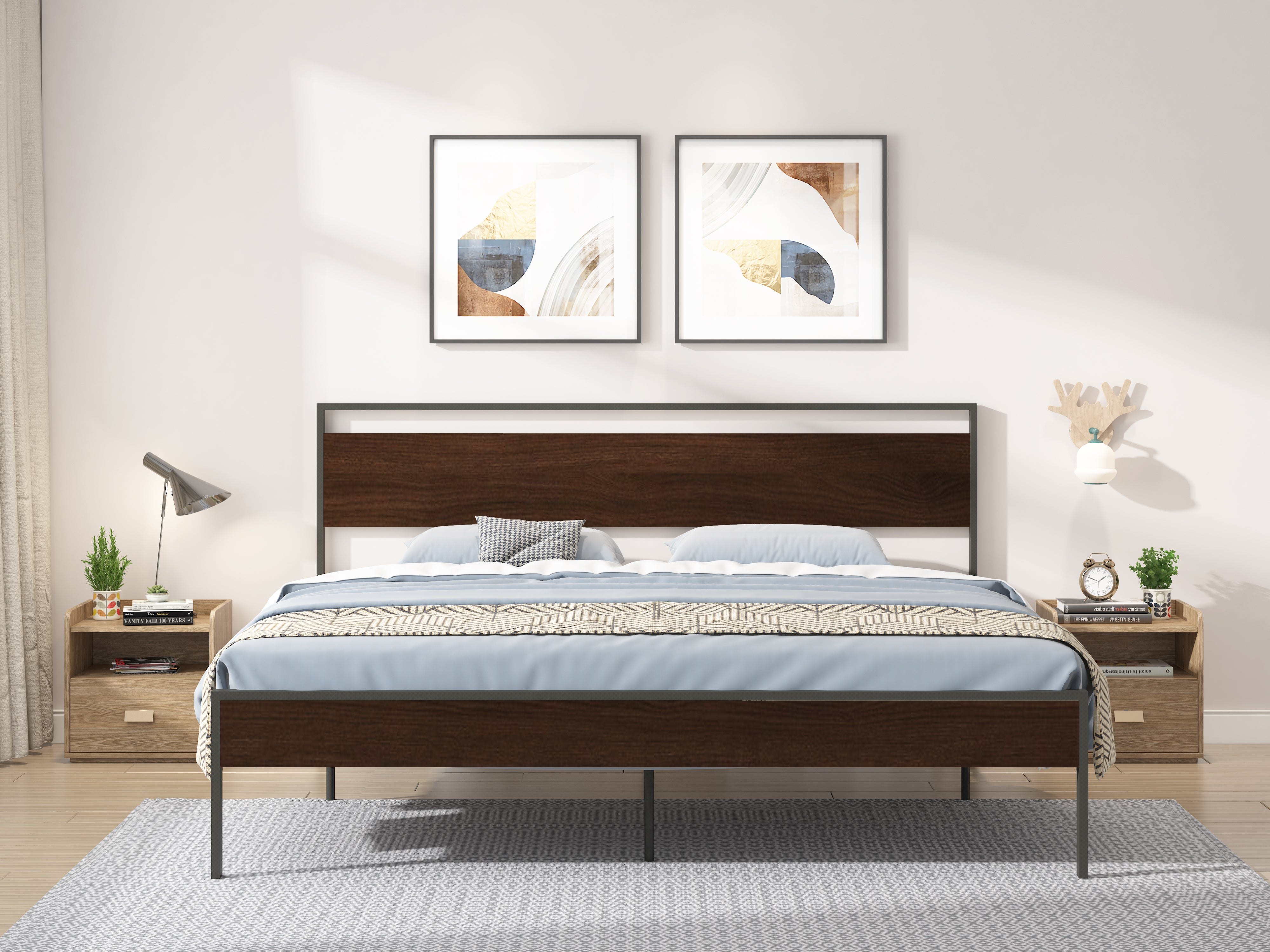 Ceres Metal Bed Black with Walnut wood Headboard&Footboard King