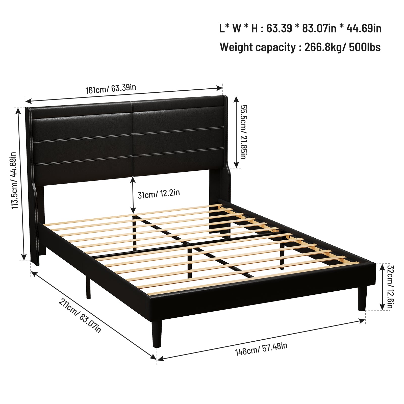 Elegante cama tamaño queen con plataforma tapizada en cuero sintético color negro