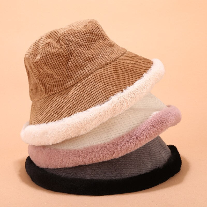 Autumn Winter Bucket Hats Women Corduroy Panama Hat Thick  Warm Plush Fisherman Cap For Girl crimping Basin Hat kapelusz