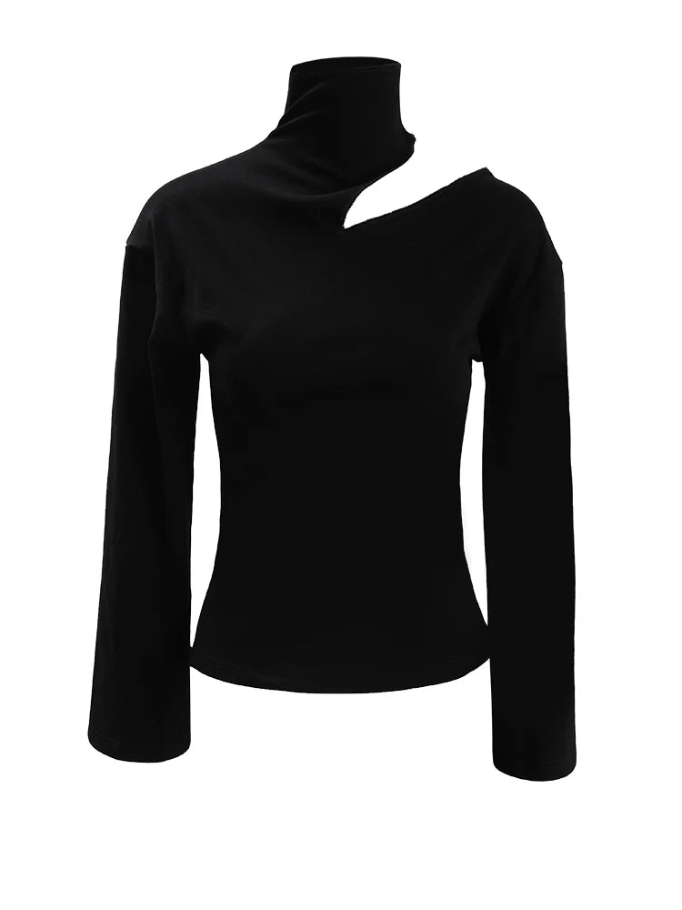 Cut and hollow black half high neck slim fit knitted sweater top for women's pullover