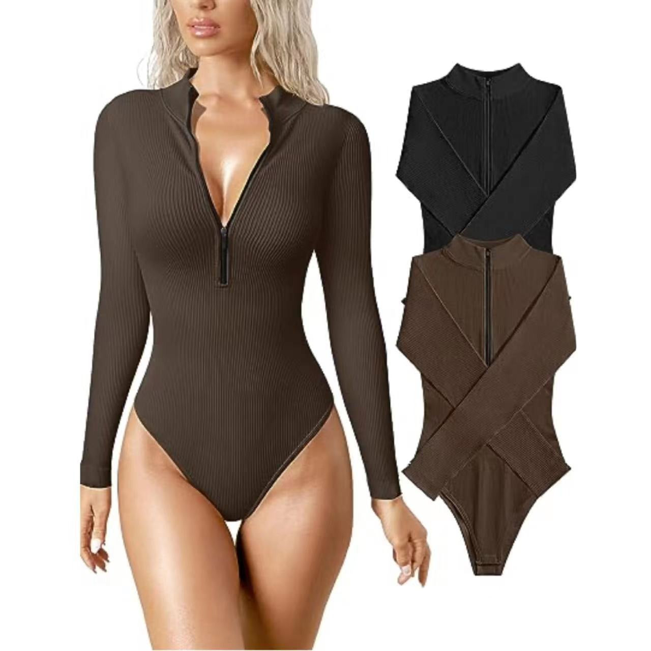 Long Sleeve Bodysuit Sexy Ribbed Bodysuit Front Zip Long Sleeve Top Bodysuit