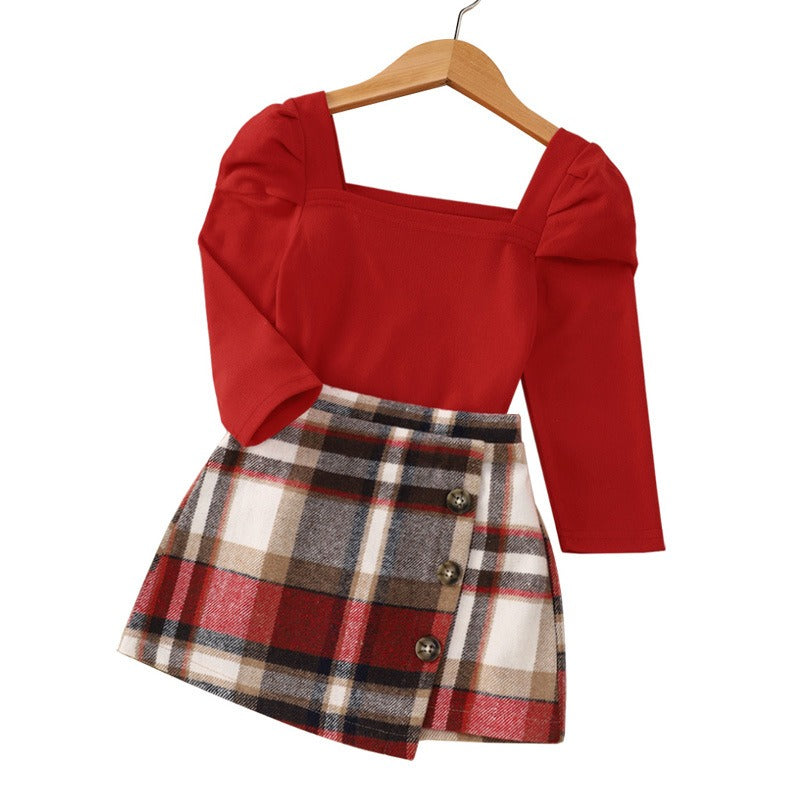 Red Long Sleeved Mid Autumn Children's Autumn Dress Tartan Suit