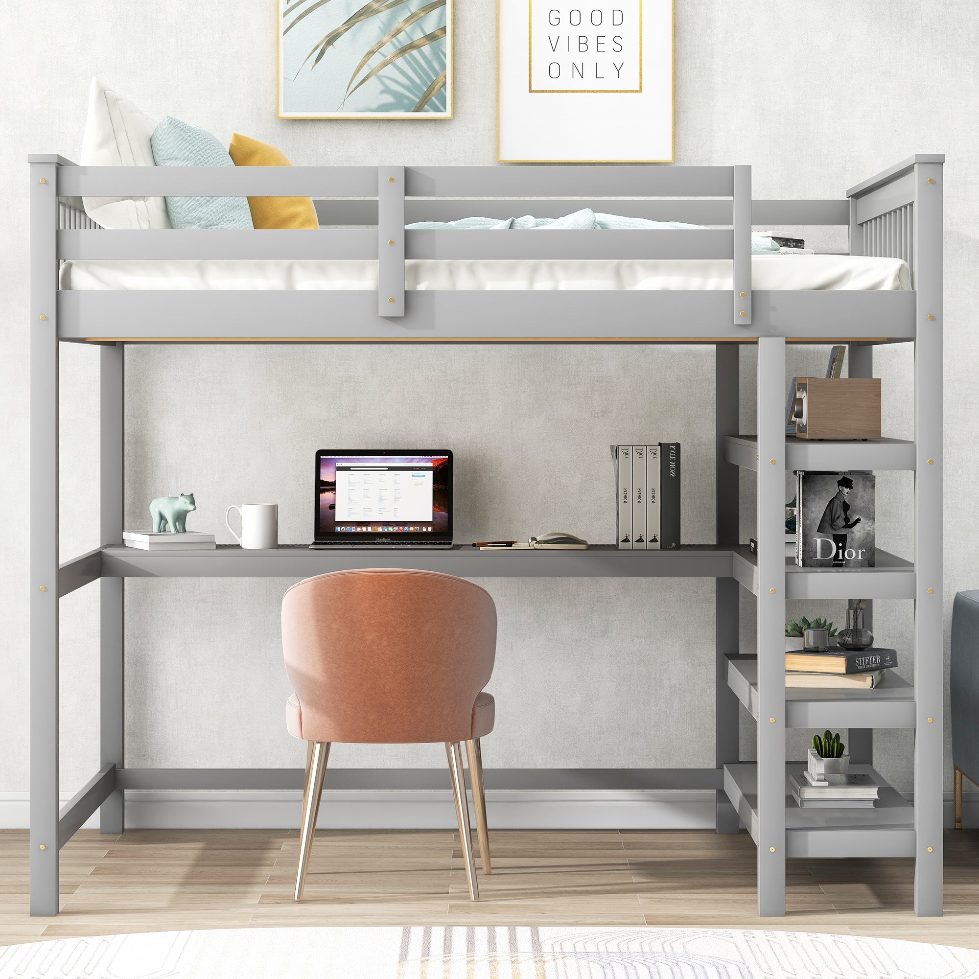 Full Size Loft Bed with Storage Shelves and Under-bed Desk, Gray