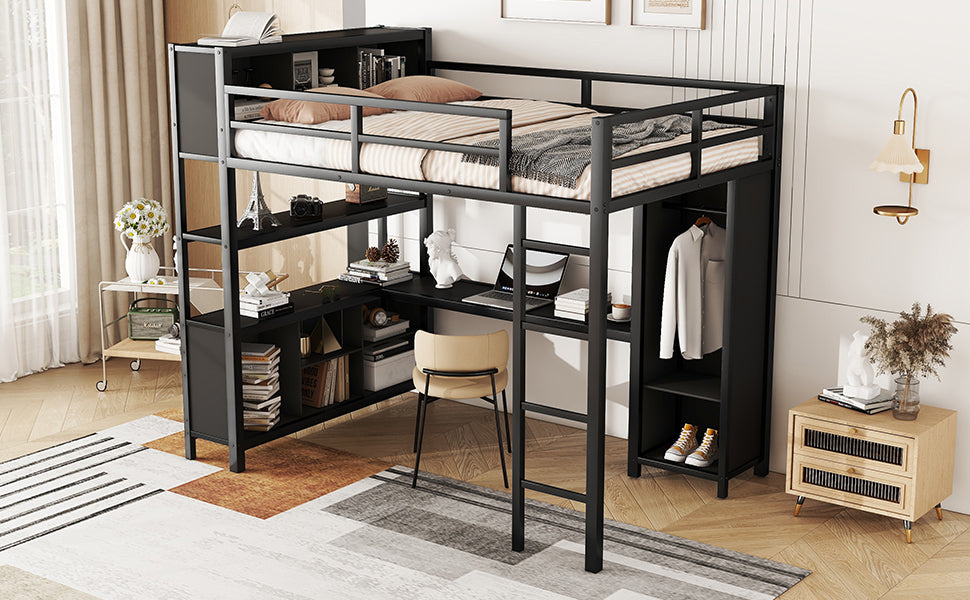 Metal loft bed with wardrobe and L-shaped desk, full-size loft bed with storage cabinet and shelf, heavy-duty loft bed, black