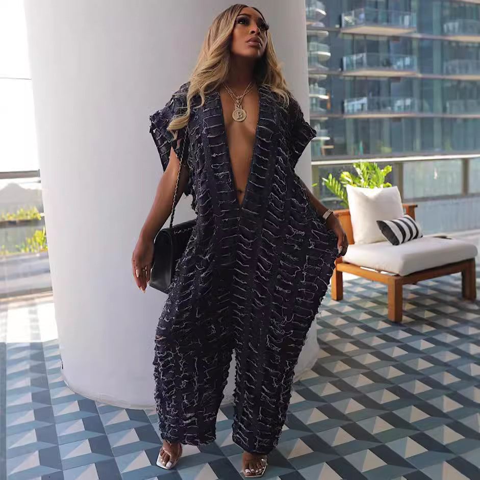 Denim African Women Open Front Hollow Denim Jumpsuit Plus Size Fashion Blogger Loose Romper Preorder For Holiday