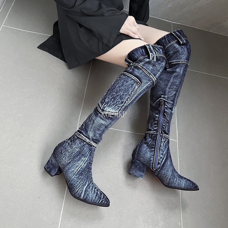 Botas de mezclilla sexys para mujer, botas hasta la rodilla con cremallera y tacón alto de 6 cm, botas de mezclilla elegantes para mujer, botas de mezclilla para mujer, zapatos de vaquero para mujer