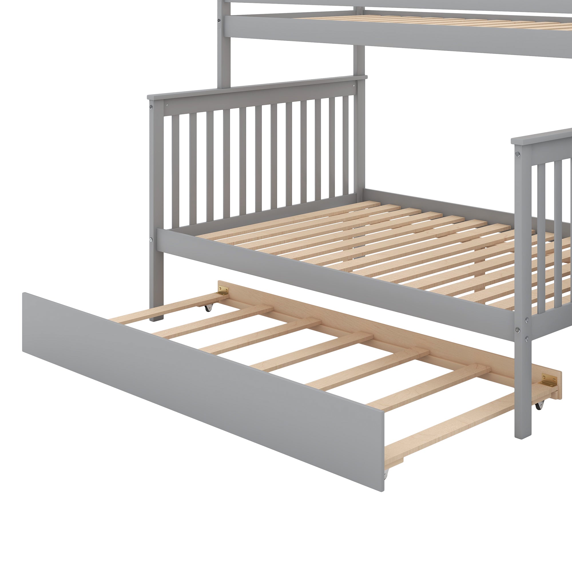 Twin over Full Bunk Bed with Trundle and Staircase Gray