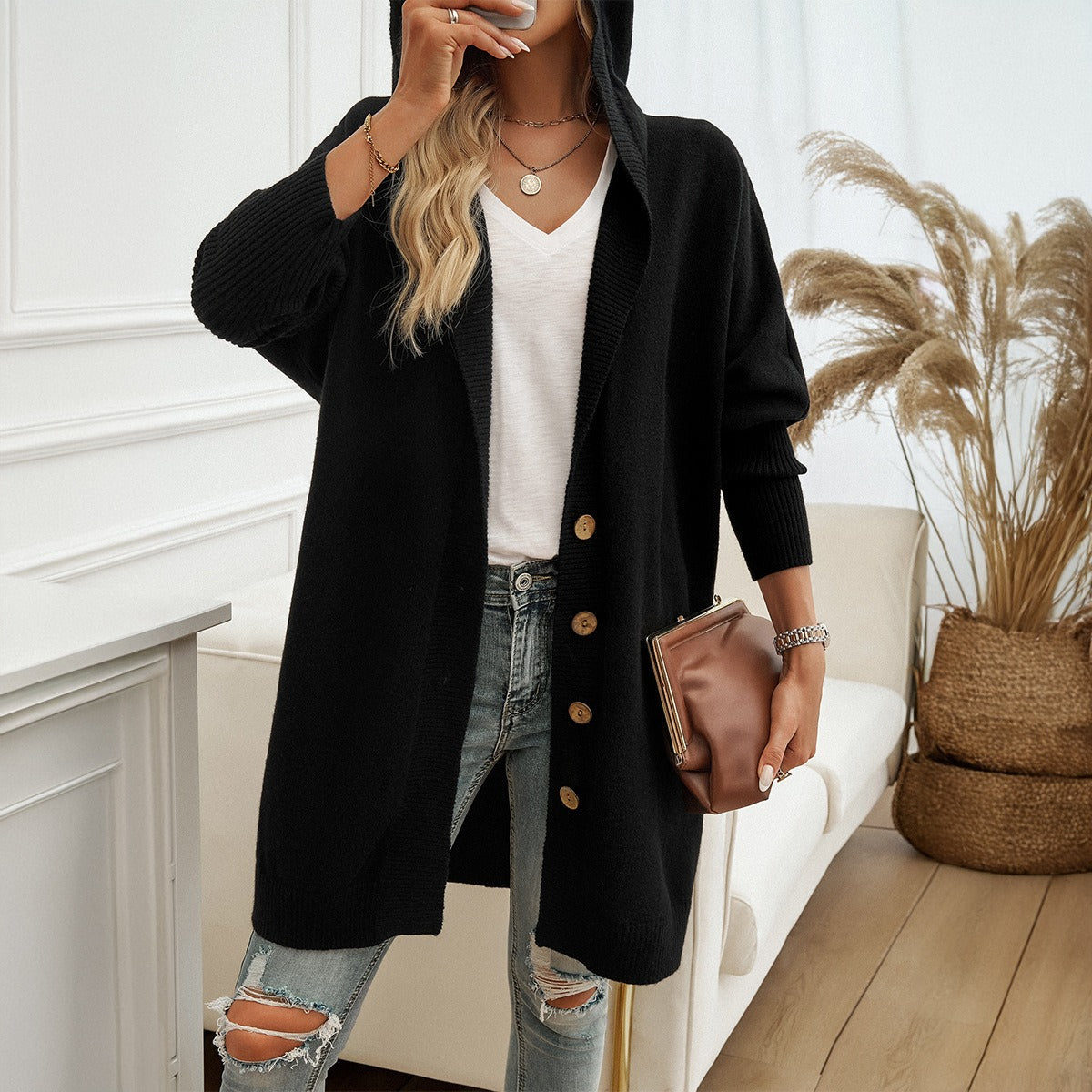 Autumn and winter new casual loose cardigan breasted hooded sweater jacket women's clothing